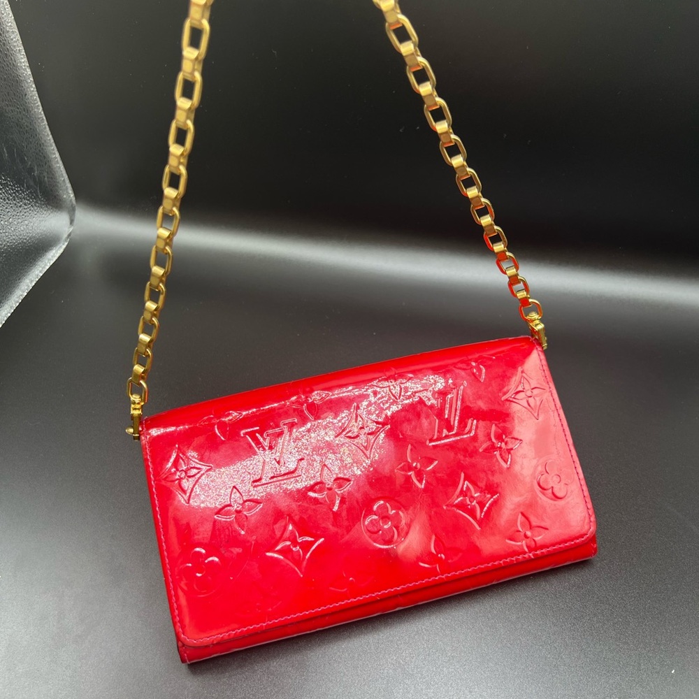 Louis Vuitton Monogram Patent Leather Wallet With Gold Strap